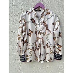 Zara Basic Equestrian Butterfly Chain Print Blouse Cream Satin Long Sleeve M